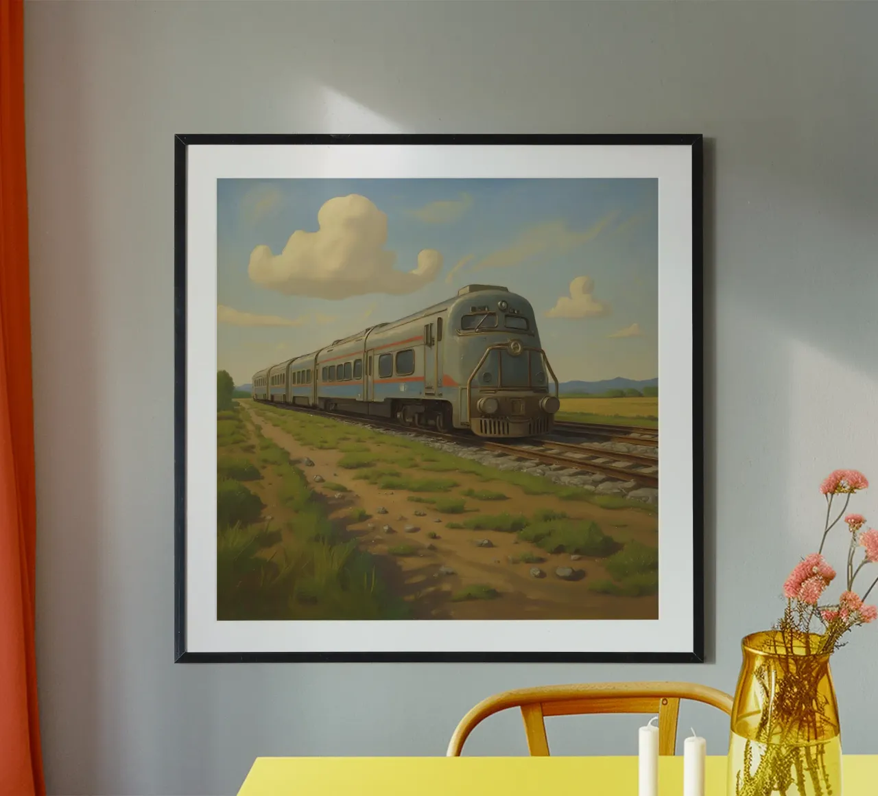 Un treno passeggeri retrò attraversa la campagna sotto carta hahnemühle da DesignDoodle
