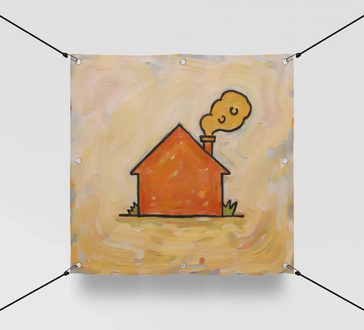 Casa arancione con fumo che si leva dal camino per indicare calore telo in pvc da DesignDoodle
