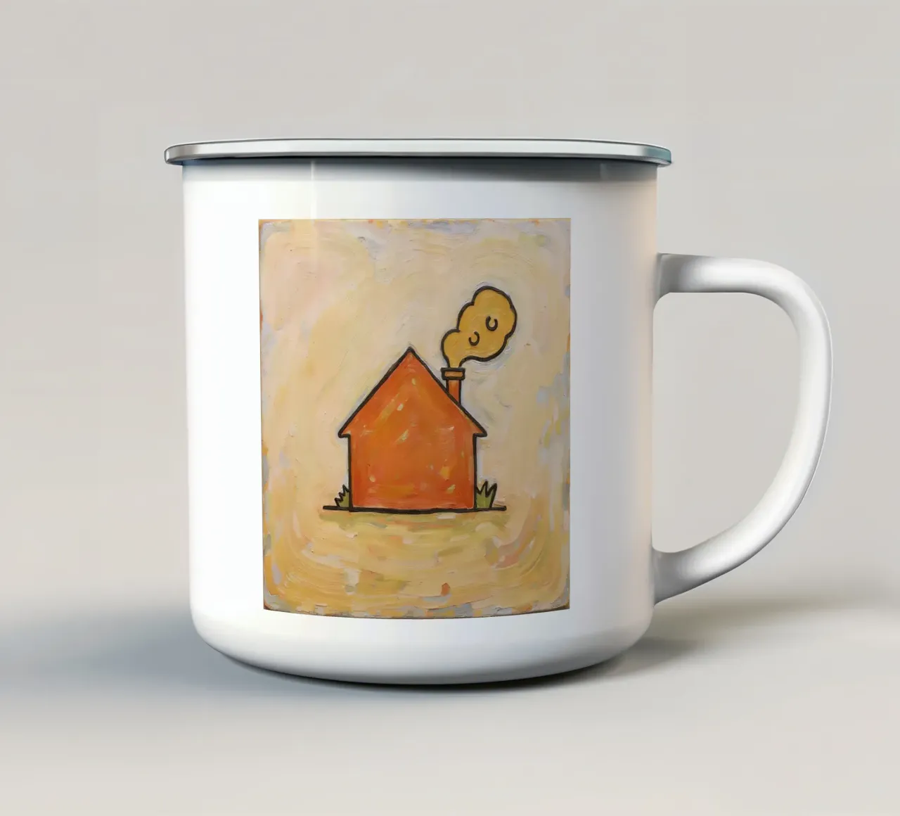 Casa arancione con fumo che si leva dal camino per indicare calore tazza in smalto da DesignDoodle