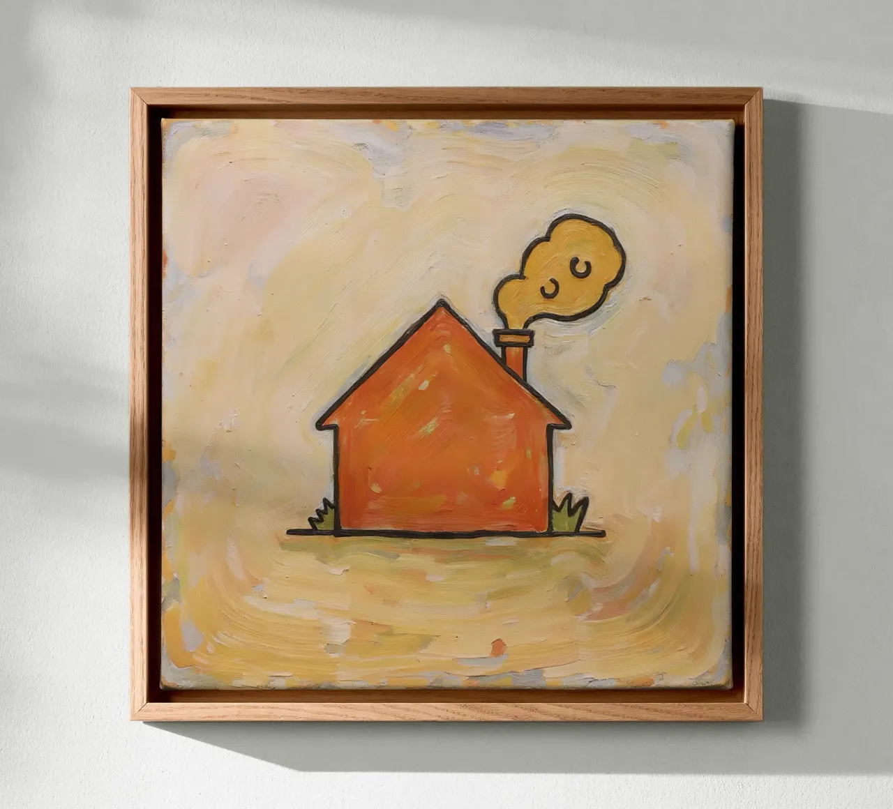 Casa arancione con fumo che si leva dal camino per indicare calore tela con Cornice a cassetta da DesignDoodle