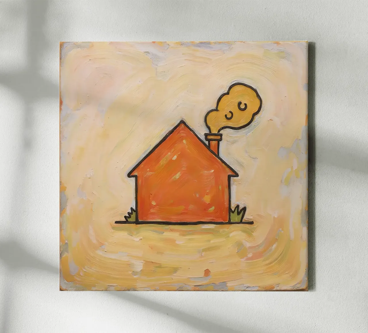 Casa arancione con fumo che si leva dal camino per indicare calore tela con Cornice a cassetta da DesignDoodle
