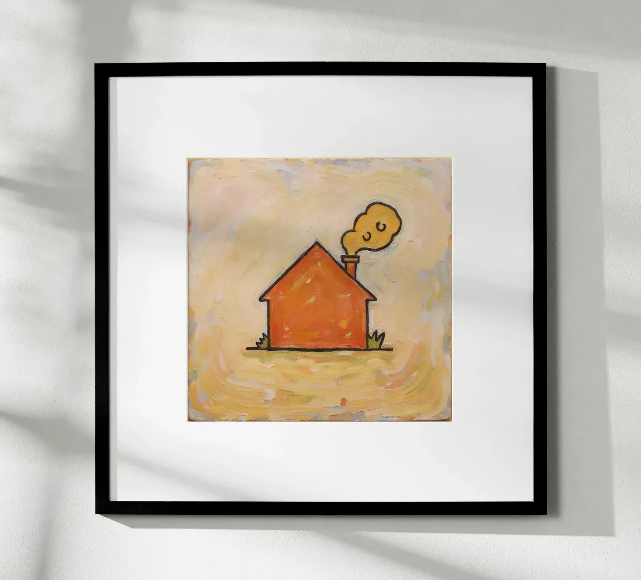 Casa arancione con fumo che si leva dal camino per indicare calore carta hahnemühle da DesignDoodle
