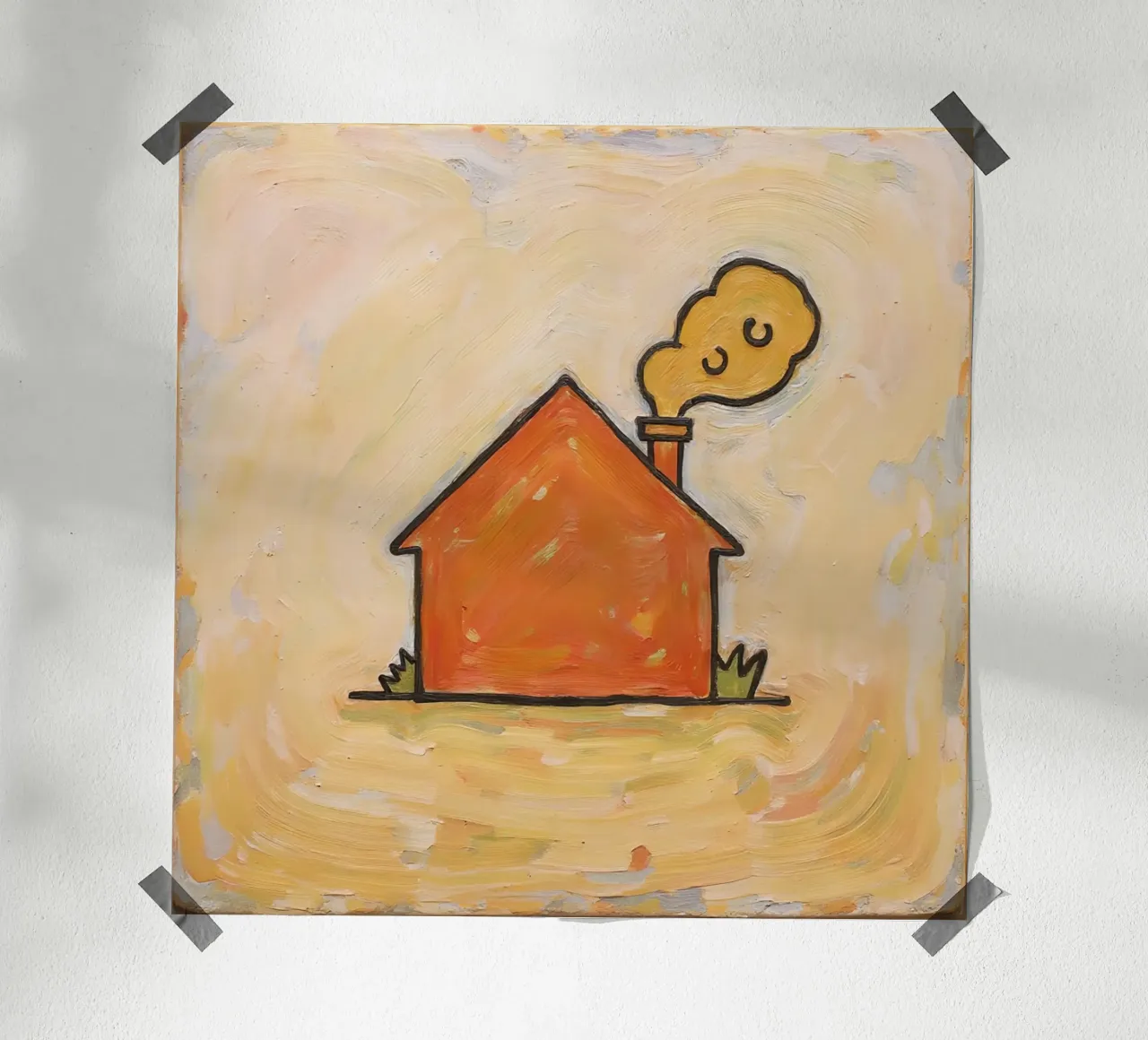 Casa arancione con fumo che si leva dal camino per indicare calore carta hahnemühle da DesignDoodle