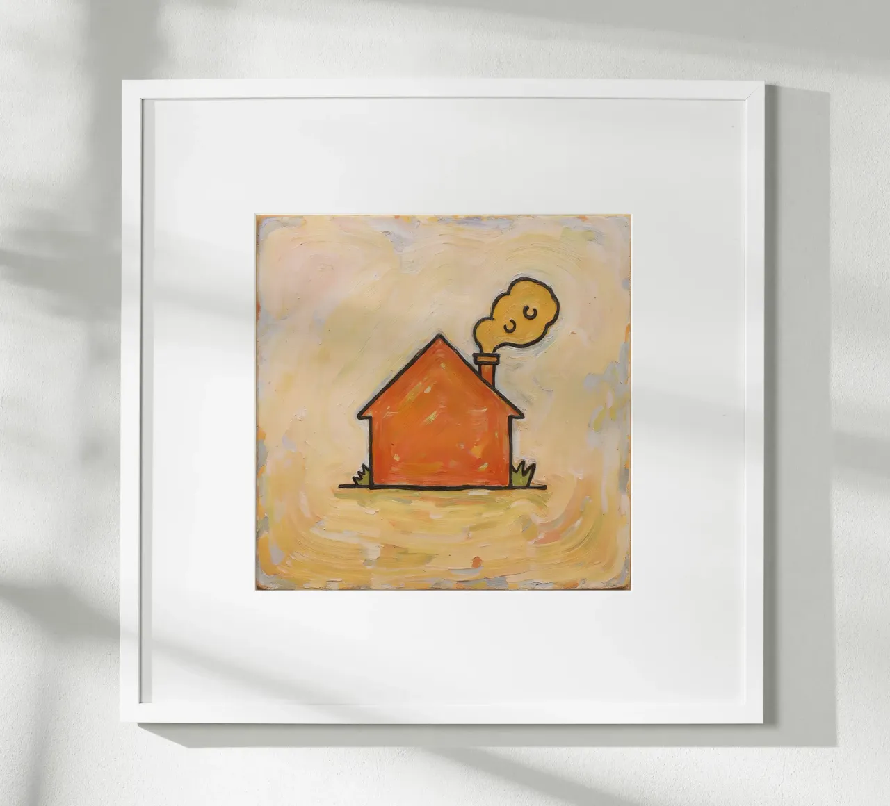 Casa arancione con fumo che si leva dal camino per indicare calore carta hahnemühle da DesignDoodle