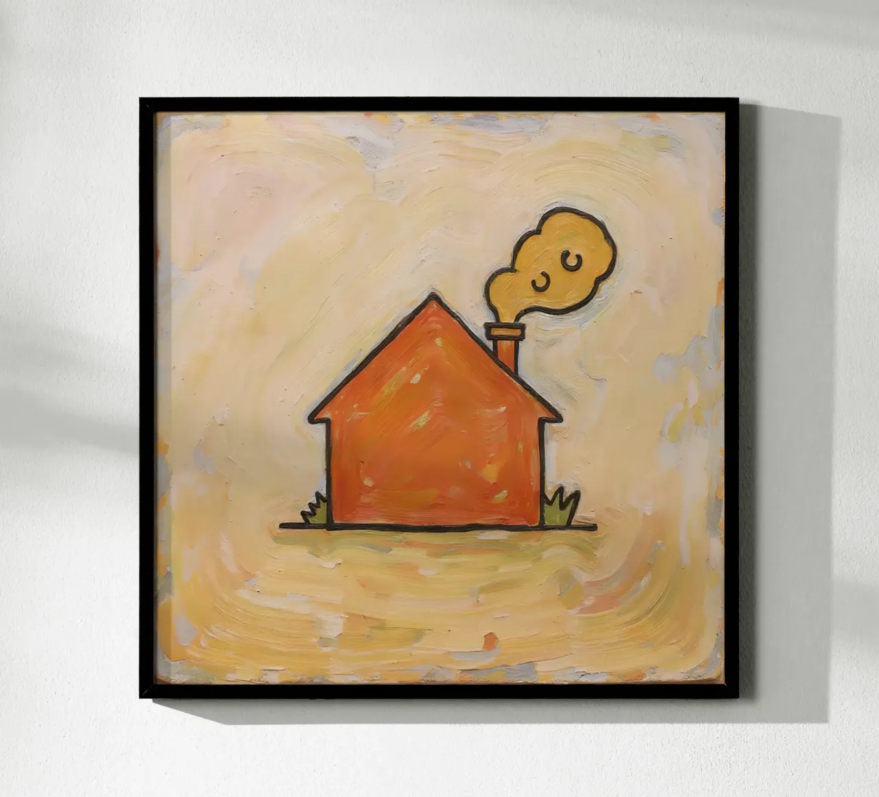 Casa arancione con fumo che si leva dal camino per indicare calore carta hahnemühle da DesignDoodle