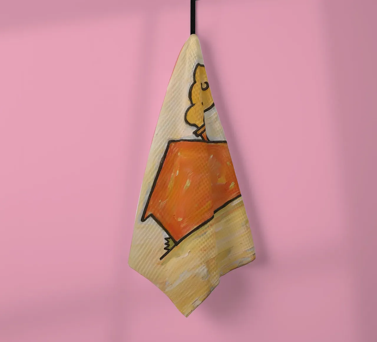 Casa arancione con fumo che si leva dal camino per indicare calore canovaccio da cucina da DesignDoodle