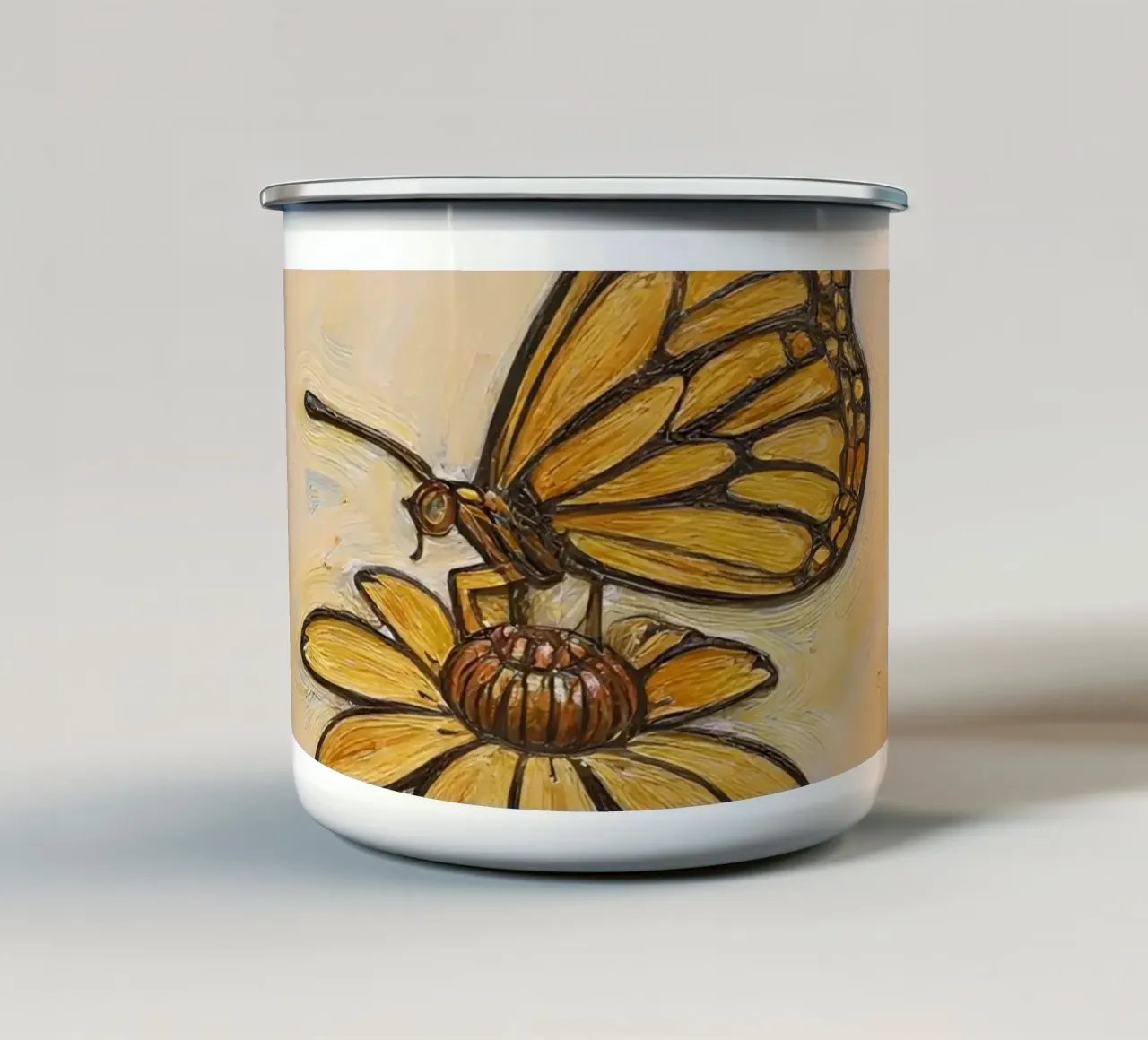 Farfalla monarca che riposa su un fiore giallo, wtercolor tazza in smalto da DesignDoodle