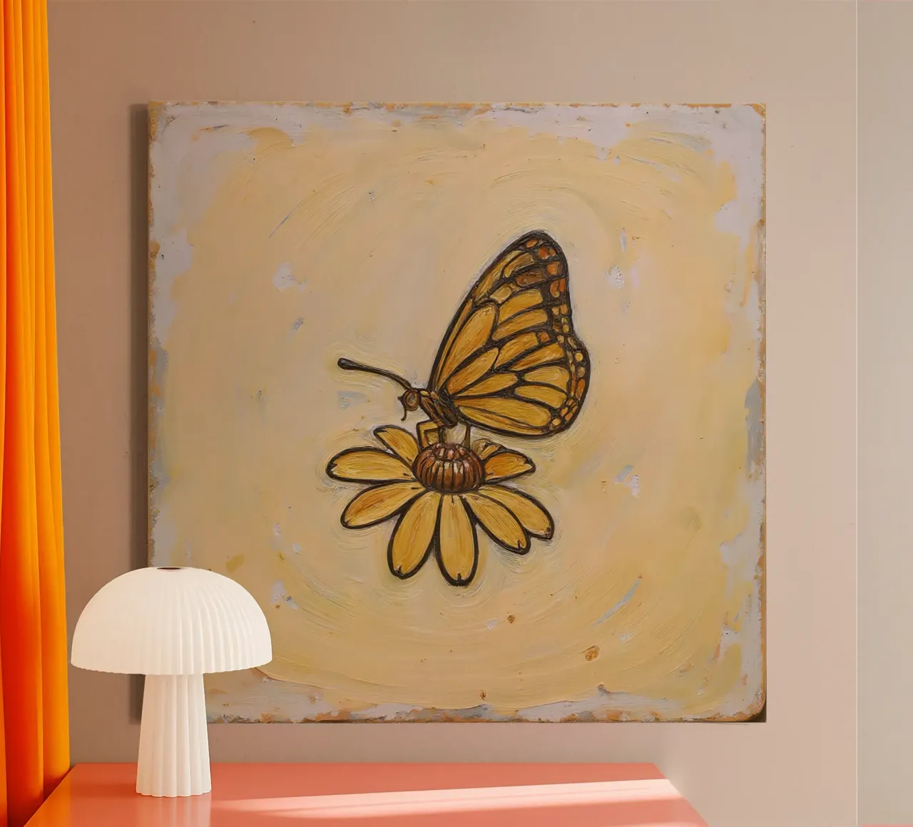 Monarchvlinder rustend op een gele bloem, wtercolor canvas met Baklijst van DesignDoodle