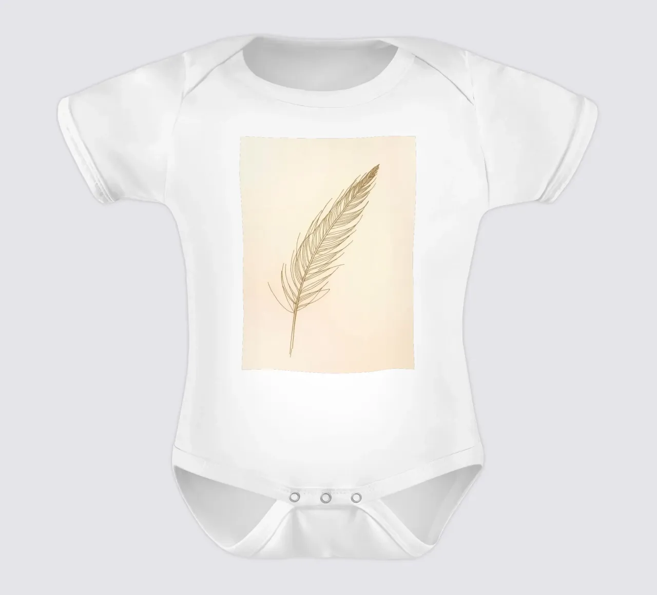Single light brown feather sketch on a cream background short-sleeve baby romper by DesignDoodle