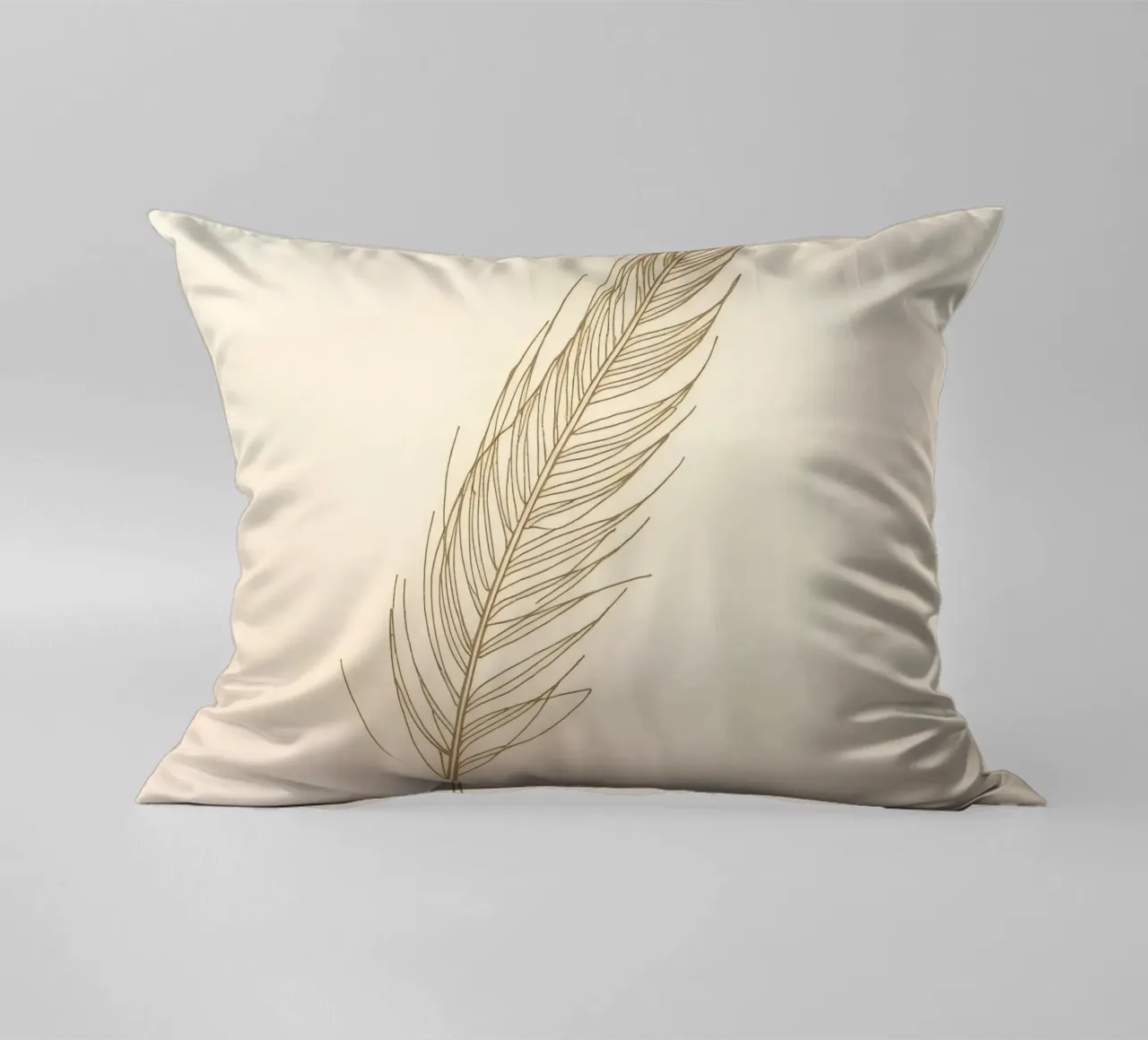 Single light brown feather sketch on a cream background decorative cushion by DesignDoodle