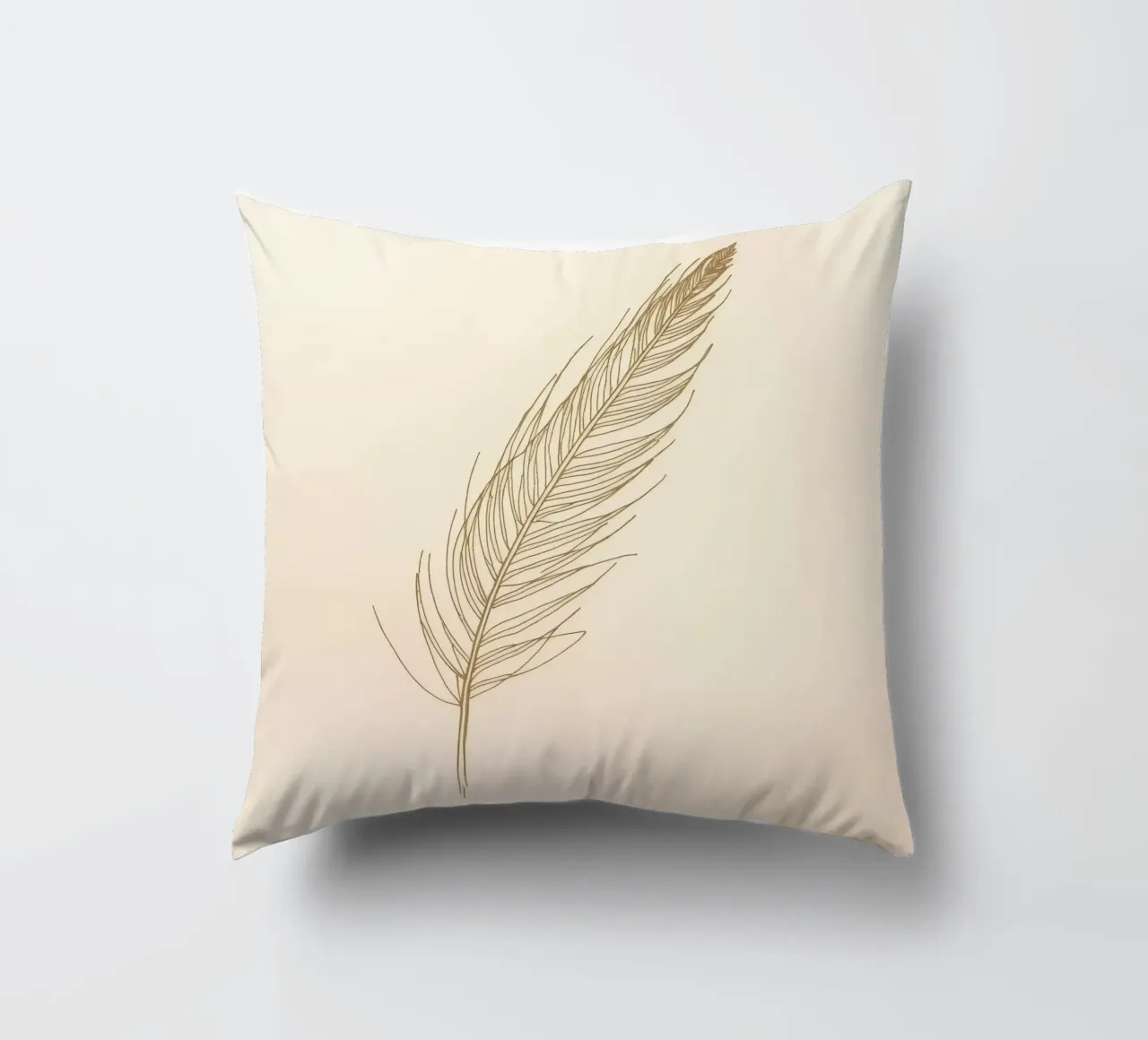 Single light brown feather sketch on a cream background decorative cushion by DesignDoodle