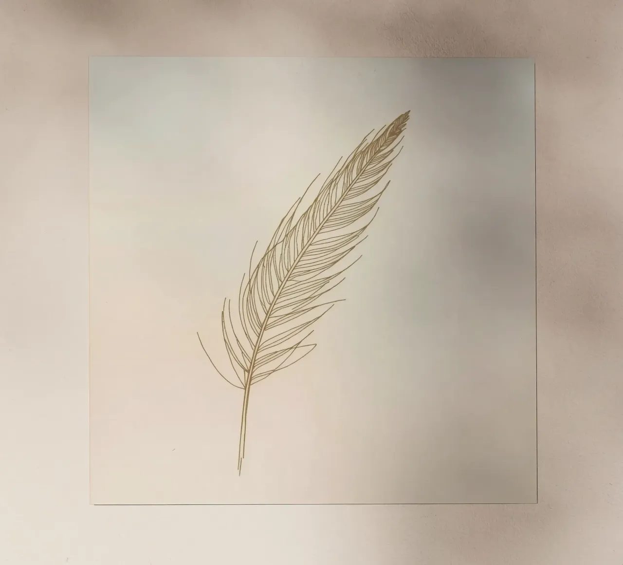 Single light brown feather sketch on a cream background backlit film by DesignDoodle