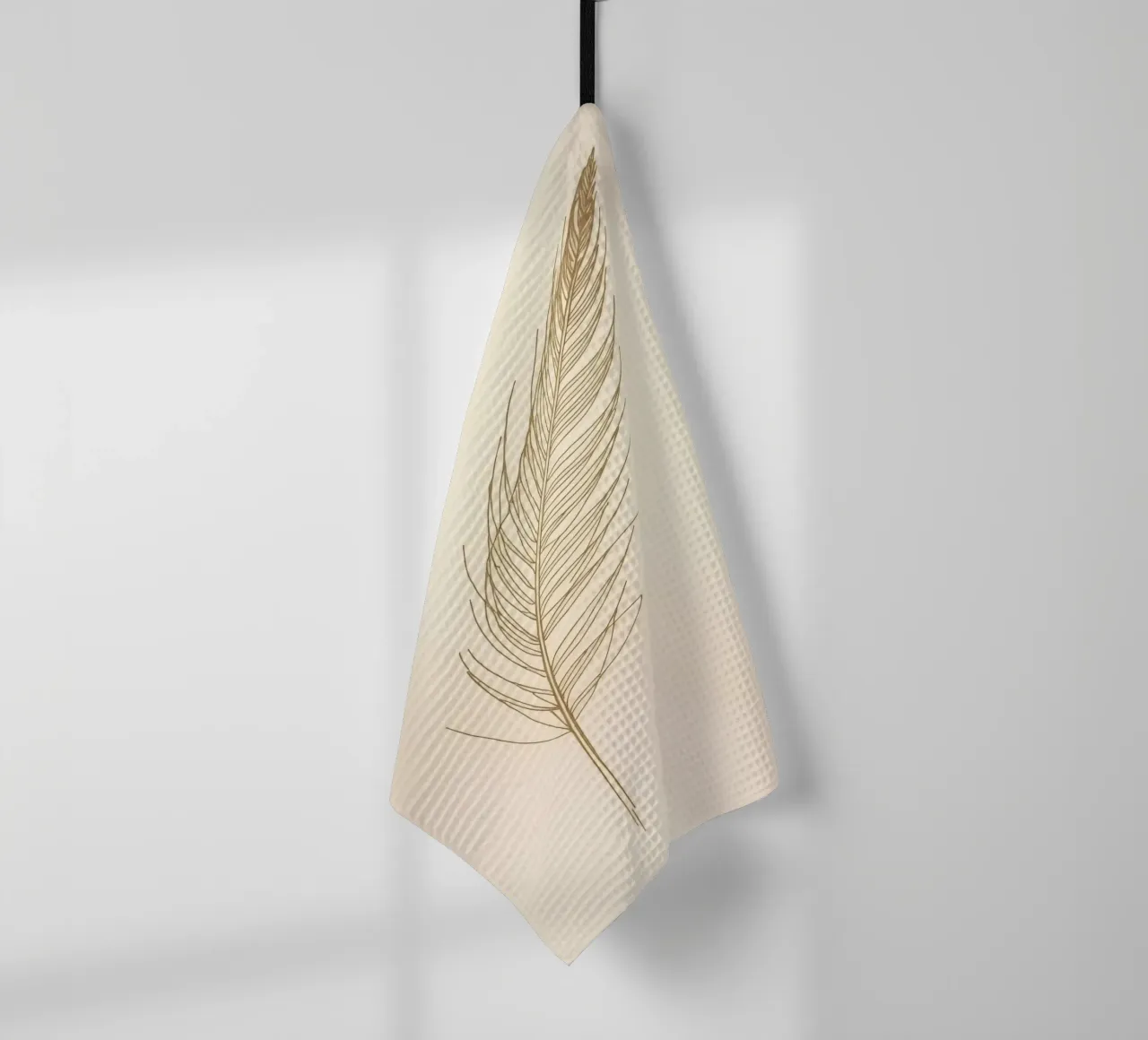Single light brown feather sketch on a cream background tea towel by DesignDoodle