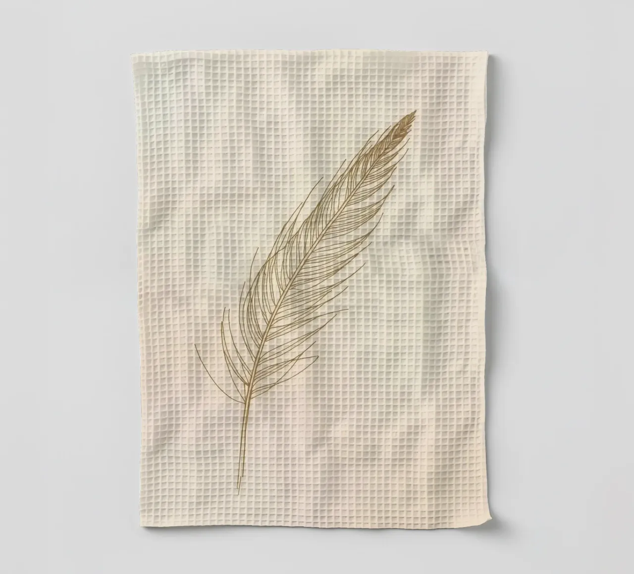 Single light brown feather sketch on a cream background tea towel by DesignDoodle