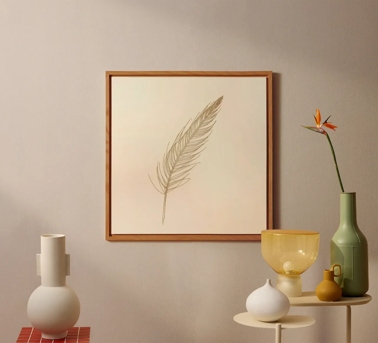 Single light brown feather sketch on a cream background alu-dibond by DesignDoodle