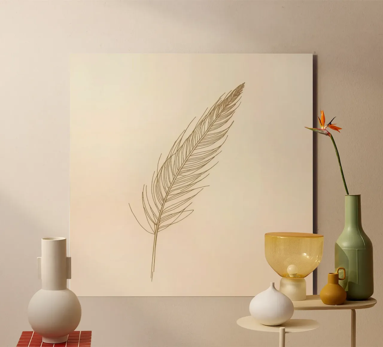 Single light brown feather sketch on a cream background alu-dibond by DesignDoodle