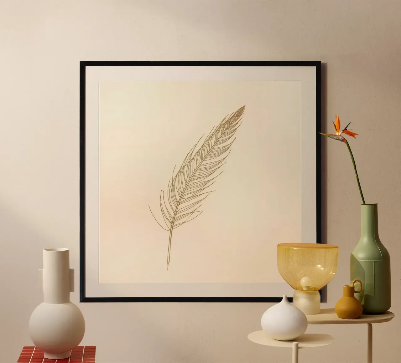 Single light brown feather sketch on a cream background hahnemühle by DesignDoodle