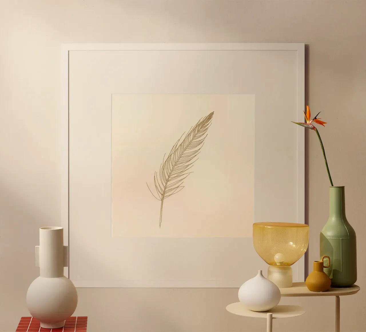 Single light brown feather sketch on a cream background hahnemühle by DesignDoodle