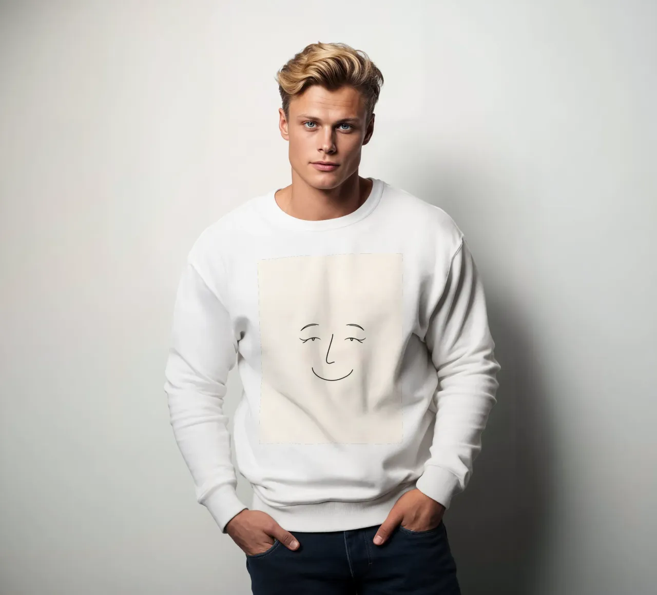 Simple line drawing shows a smiling face with blushed cheek sweatshirt by DesignDoodle