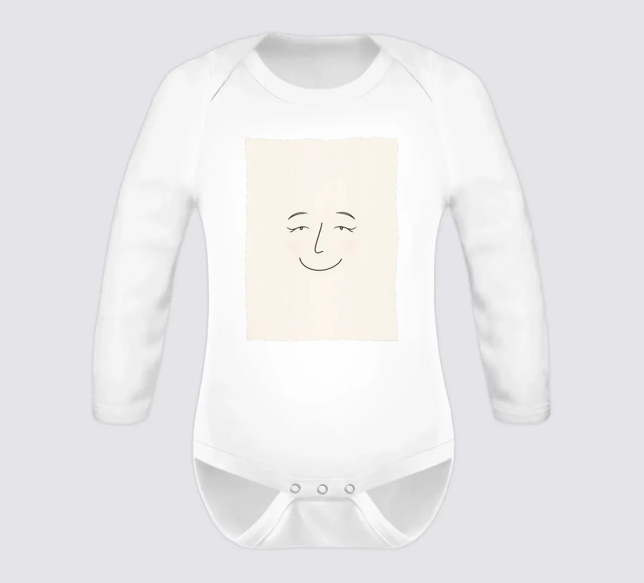 Simple line drawing shows a smiling face with blushed cheek long-sleeve baby romper by DesignDoodle