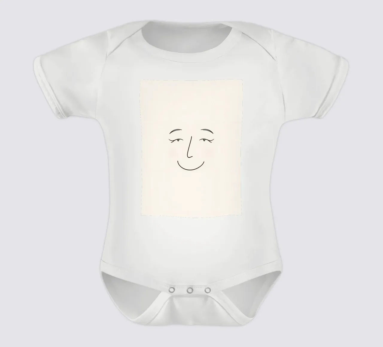 Simple line drawing shows a smiling face with blushed cheek short-sleeve baby romper by DesignDoodle