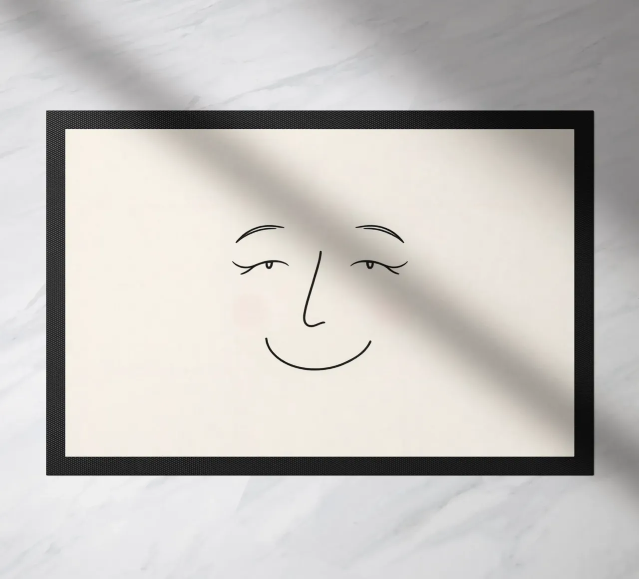 Simple line drawing shows a smiling face with blushed cheek doormat by DesignDoodle