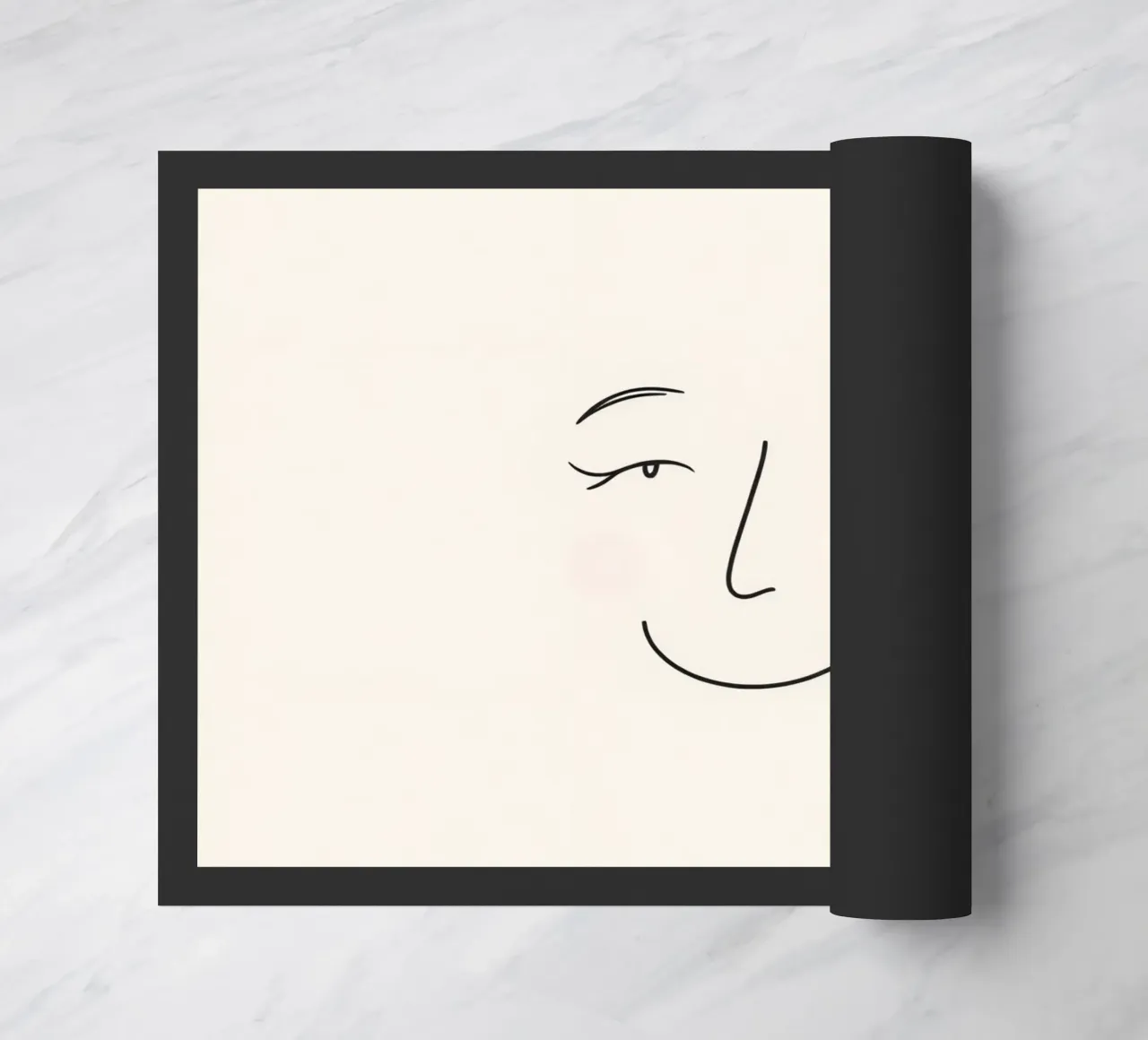 Simple line drawing shows a smiling face with blushed cheek doormat by DesignDoodle