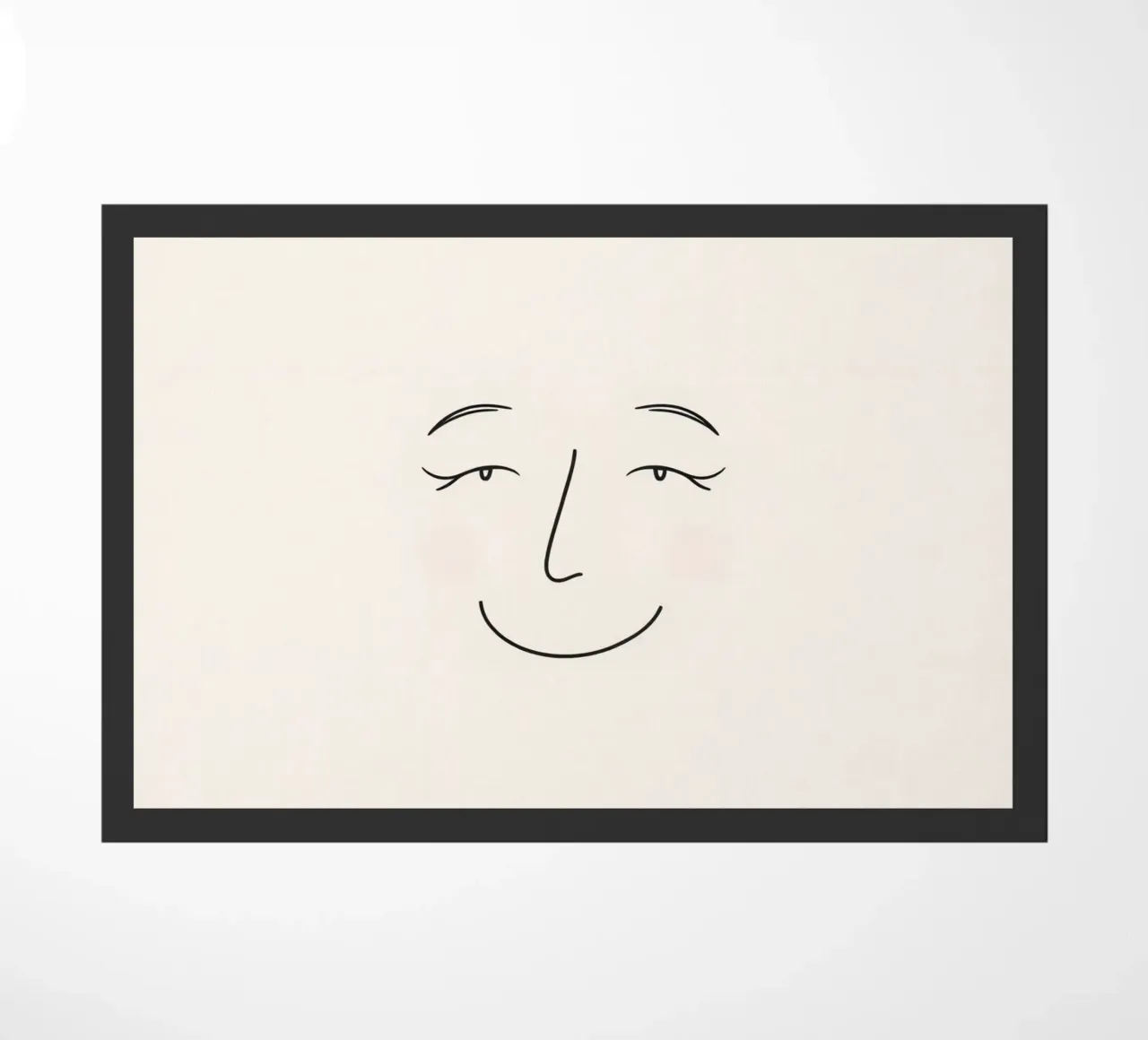Simple line drawing shows a smiling face with blushed cheek doormat by DesignDoodle
