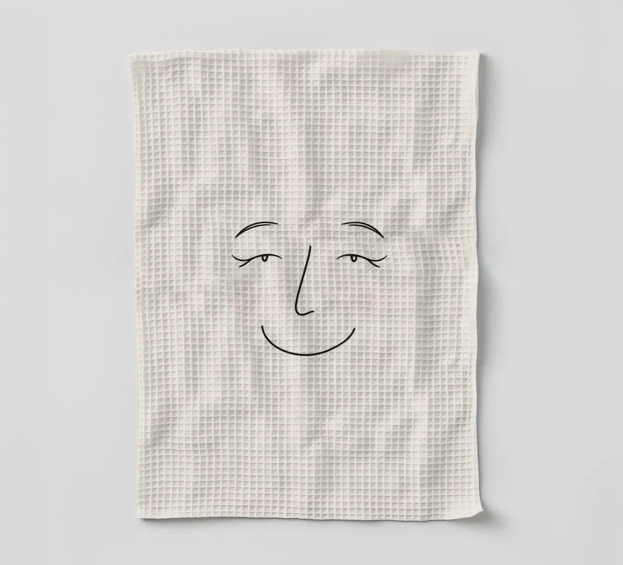 Simple line drawing shows a smiling face with blushed cheek tea towel by DesignDoodle
