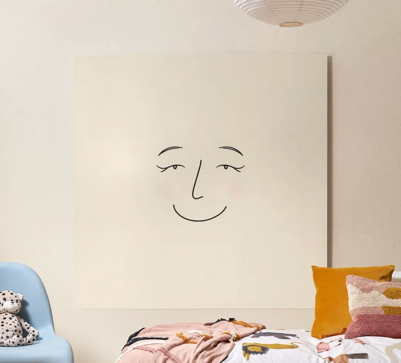 Un semplice disegno al tratto mostra un volto sorridente con la guancia arrossata plexiglass da DesignDoodle
