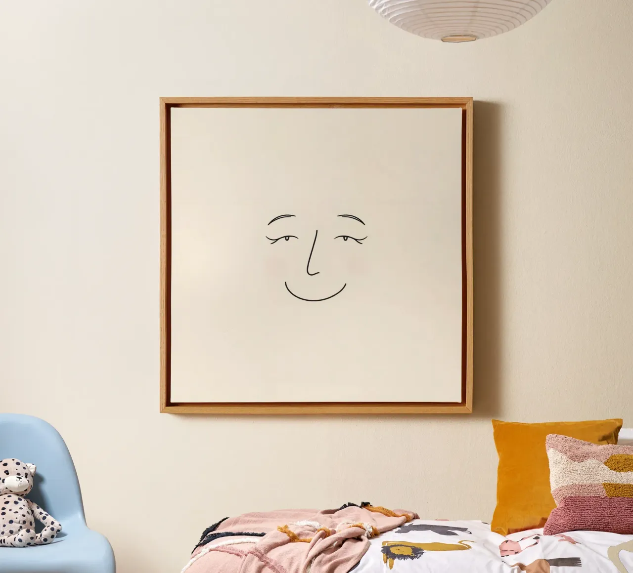 Simple line drawing shows a smiling face with blushed cheek canvas by DesignDoodle