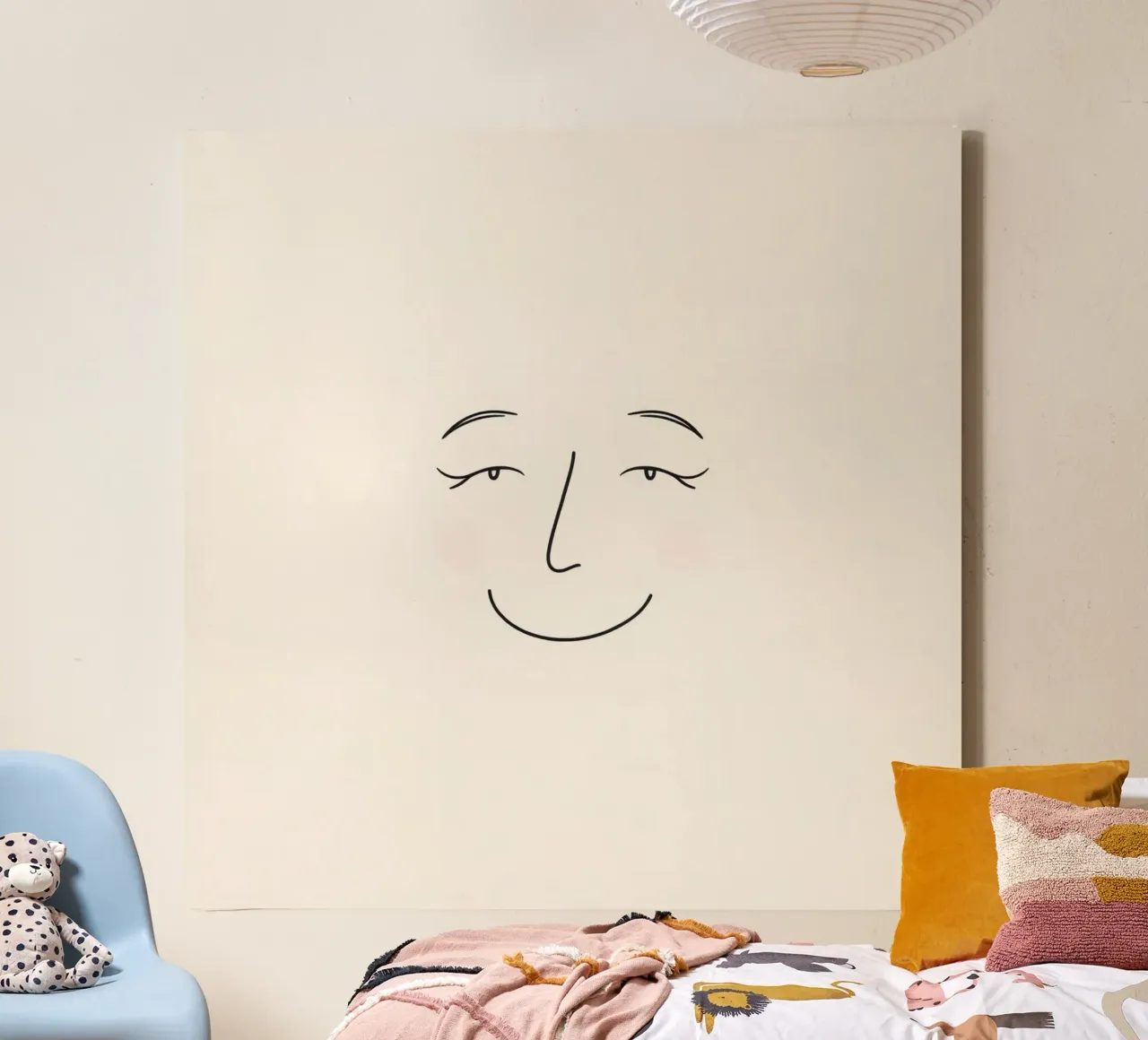 Simple line drawing shows a smiling face with blushed cheek canvas by DesignDoodle