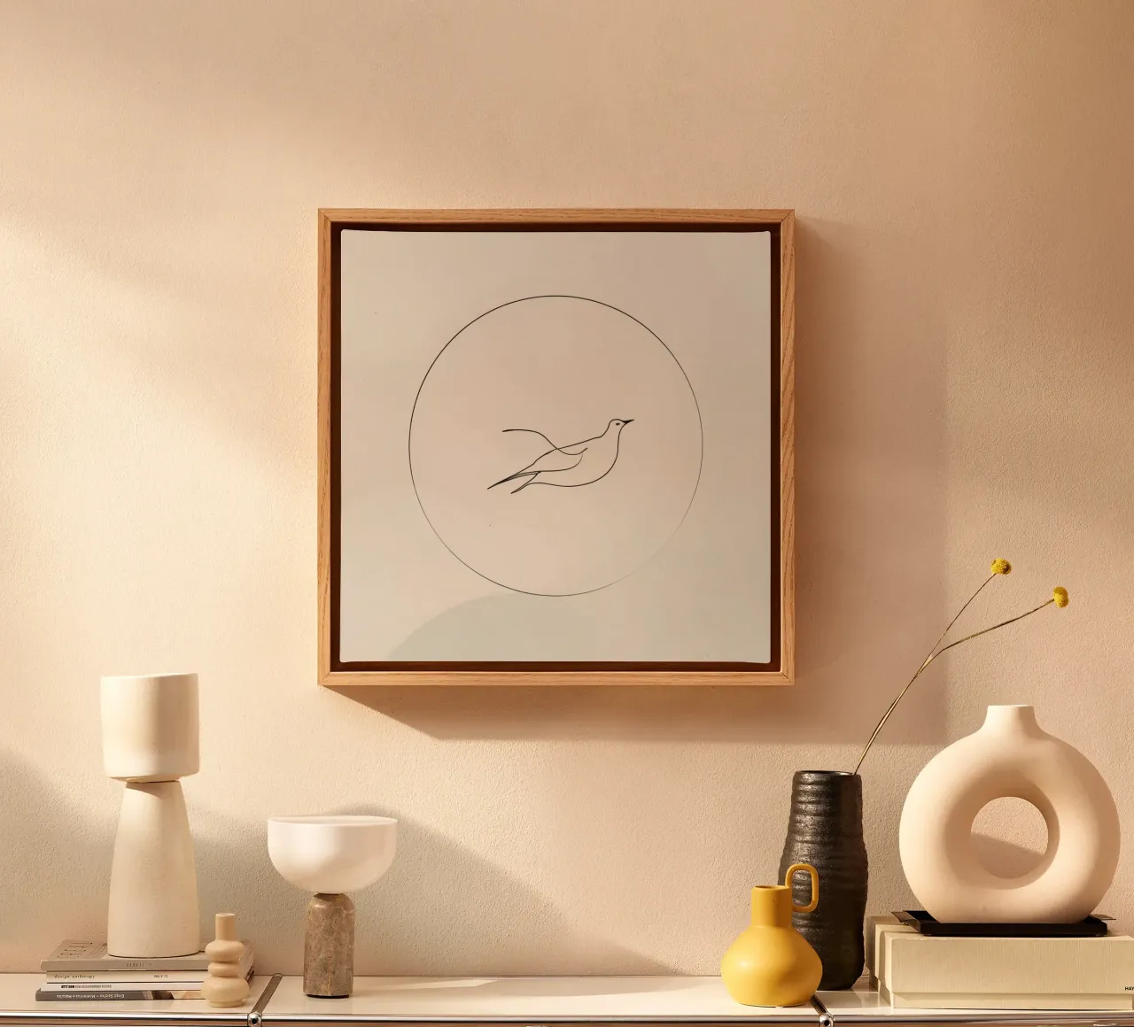 Elegant minimal bird in flight artwork depicting freedom canvas with Floater frame by DesignDoodle