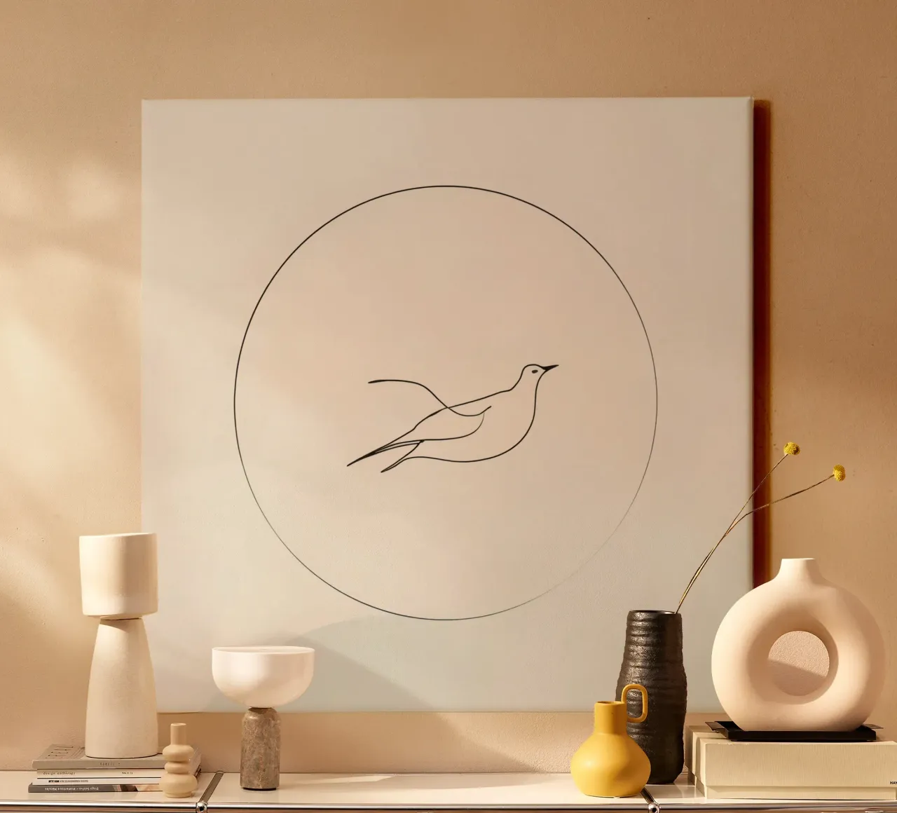 Elegant minimal bird in flight artwork depicting freedom canvas with Floater frame by DesignDoodle