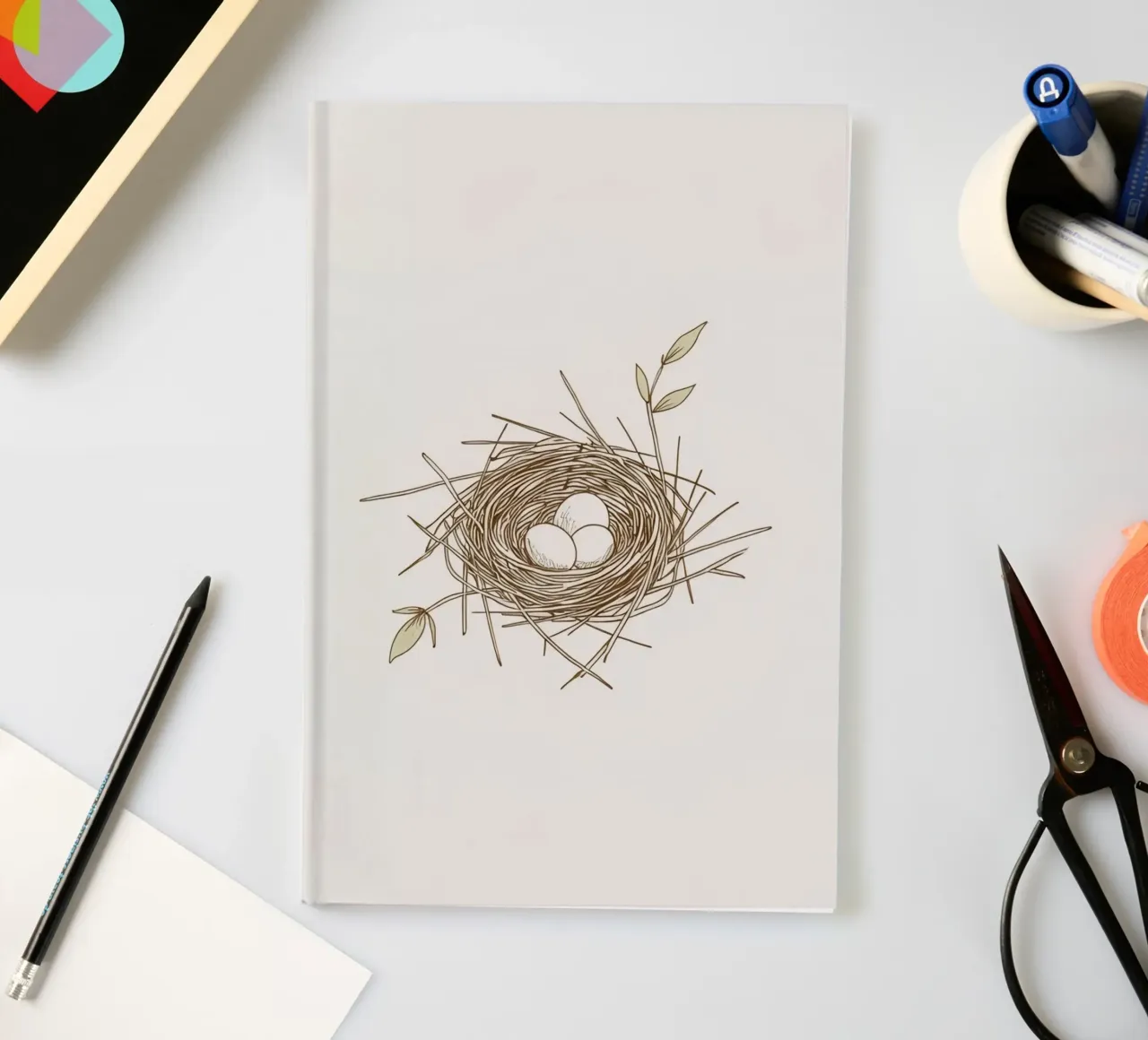 Nest illustration with three white eggs inside, notebook by DesignDoodle