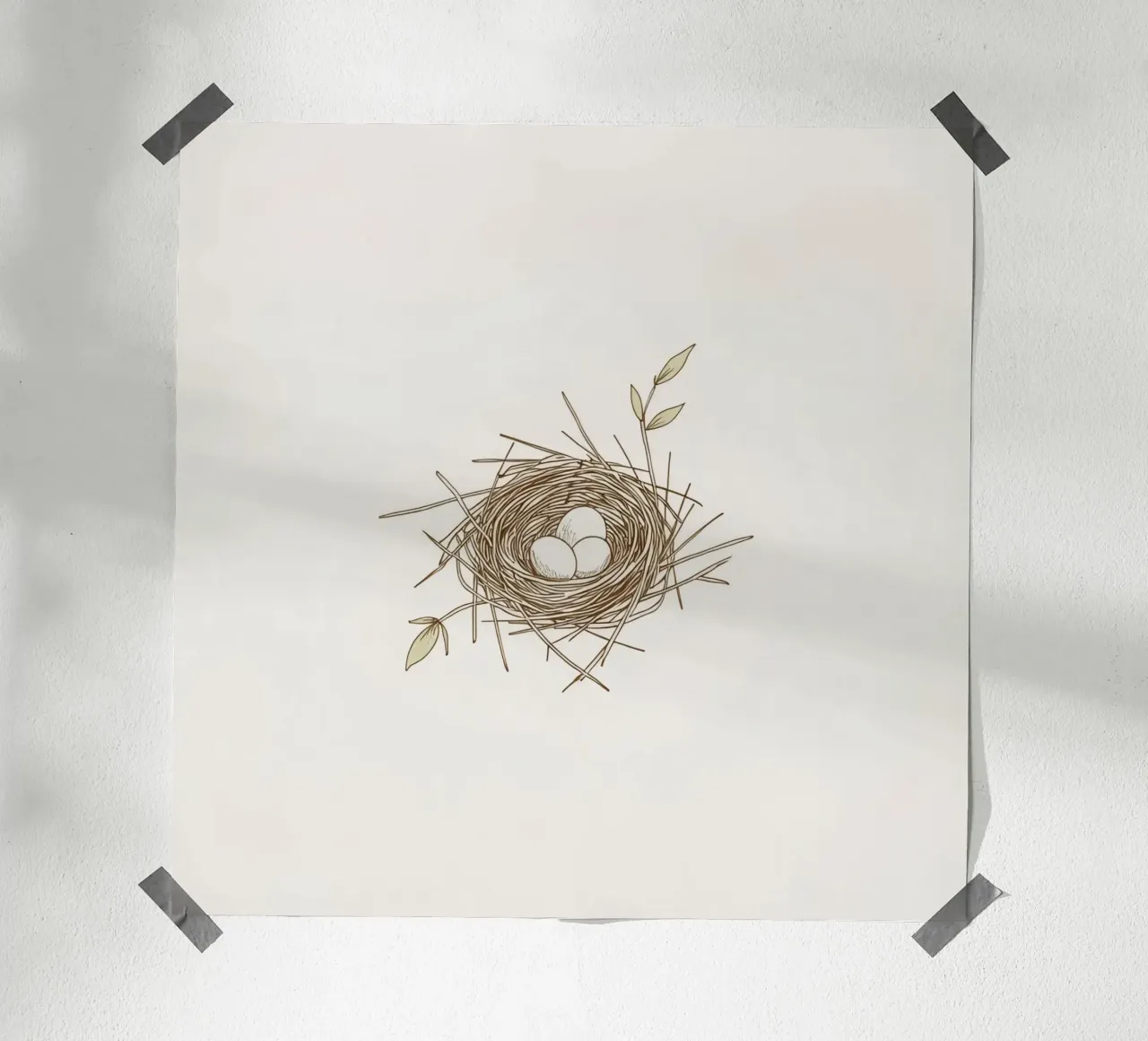 Illustrazione del nido con tre uova bianche all'interno, carta hahnemühle da DesignDoodle