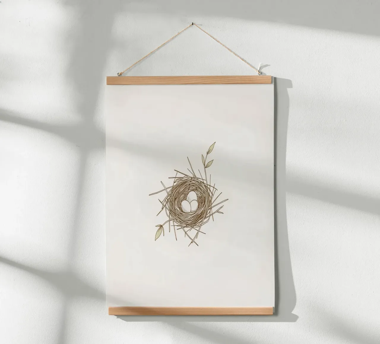 Illustrazione del nido con tre uova bianche all'interno, carta hahnemühle da DesignDoodle