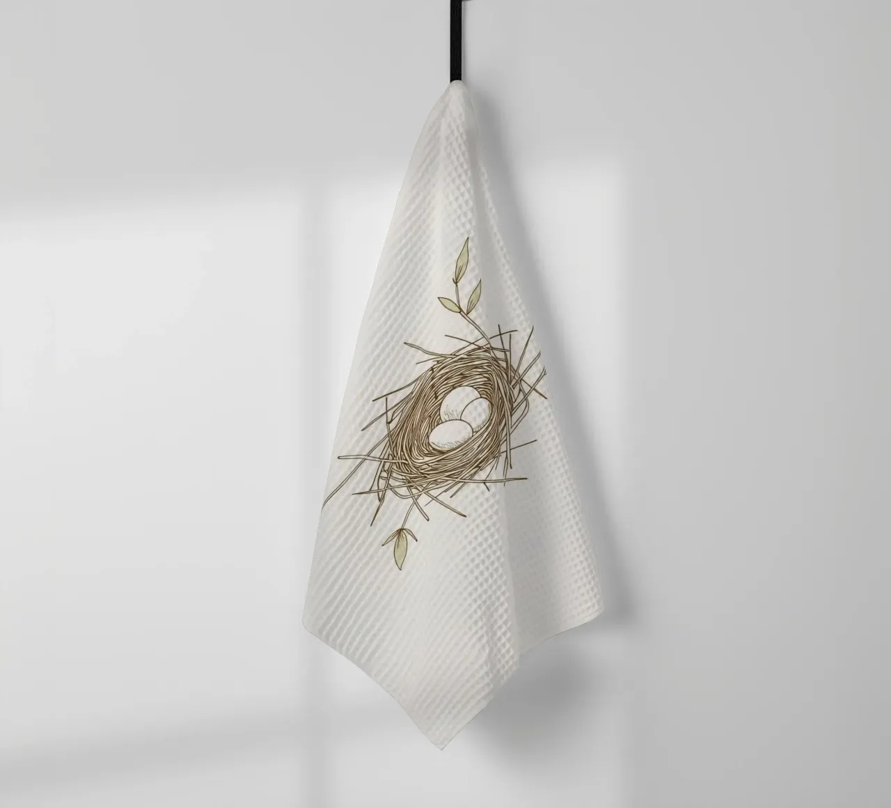 Illustrazione del nido con tre uova bianche all'interno, canovaccio da cucina da DesignDoodle
