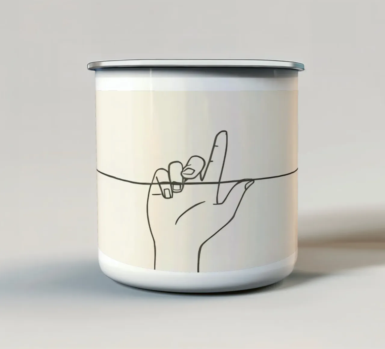 Outline of a hand with a finger grabbing thin black line tazza in smalto da DesignDoodle
