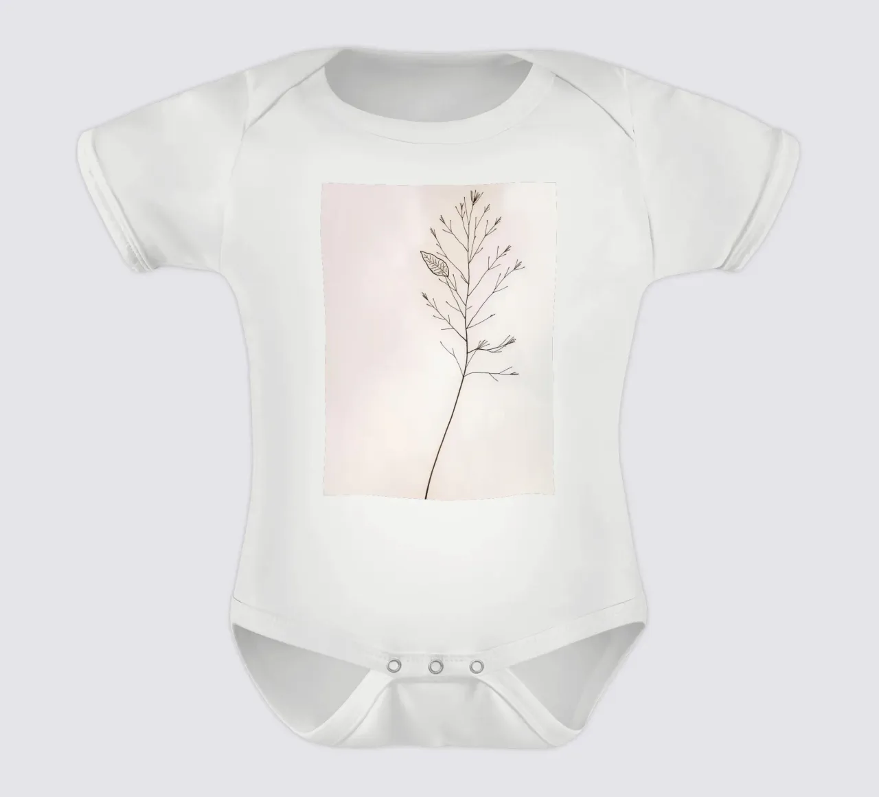 Single minimal botanical branch, displaying a leaf short-sleeve baby romper by DesignDoodle