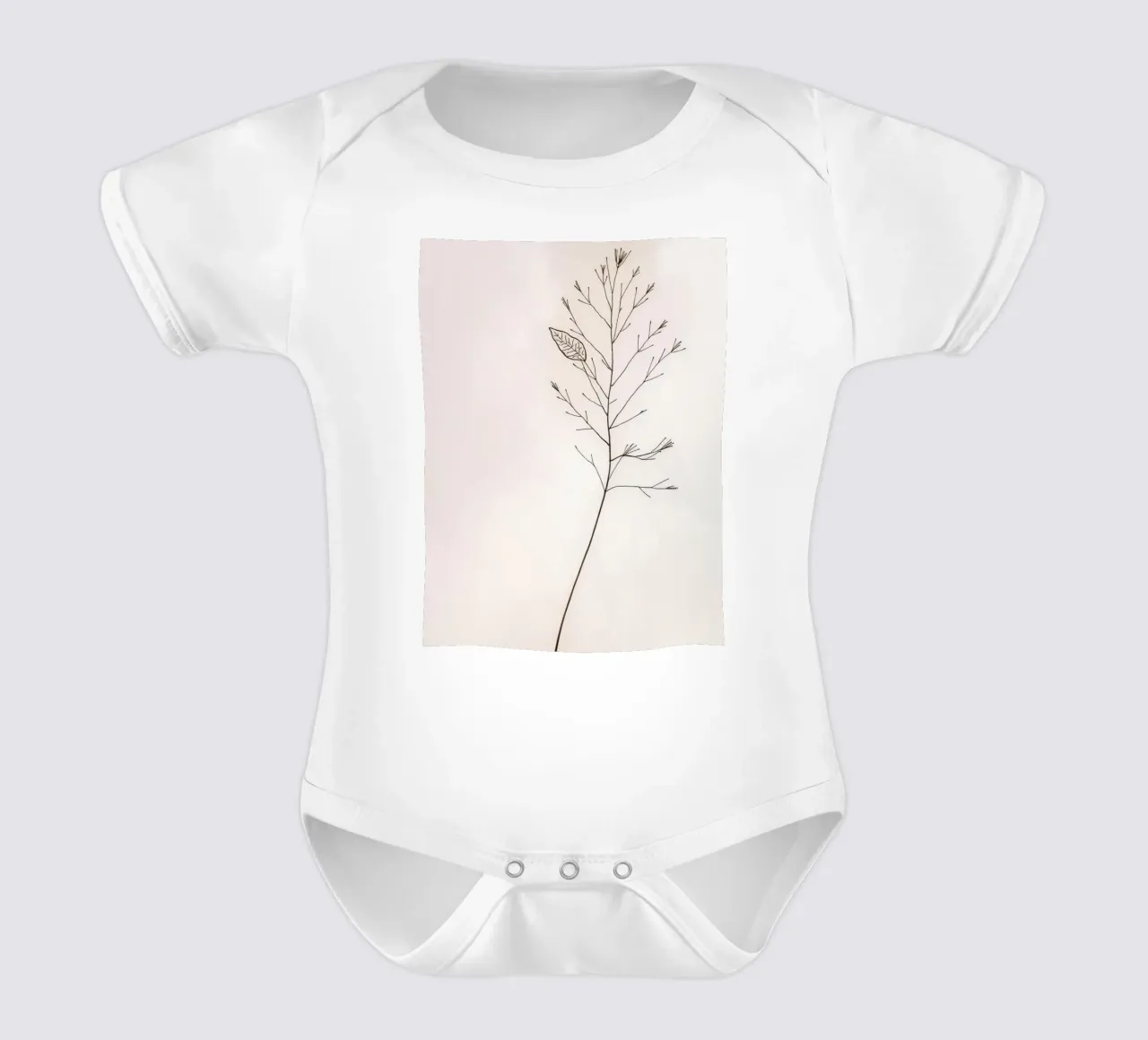 Single minimal botanical branch, displaying a leaf short-sleeve baby romper by DesignDoodle