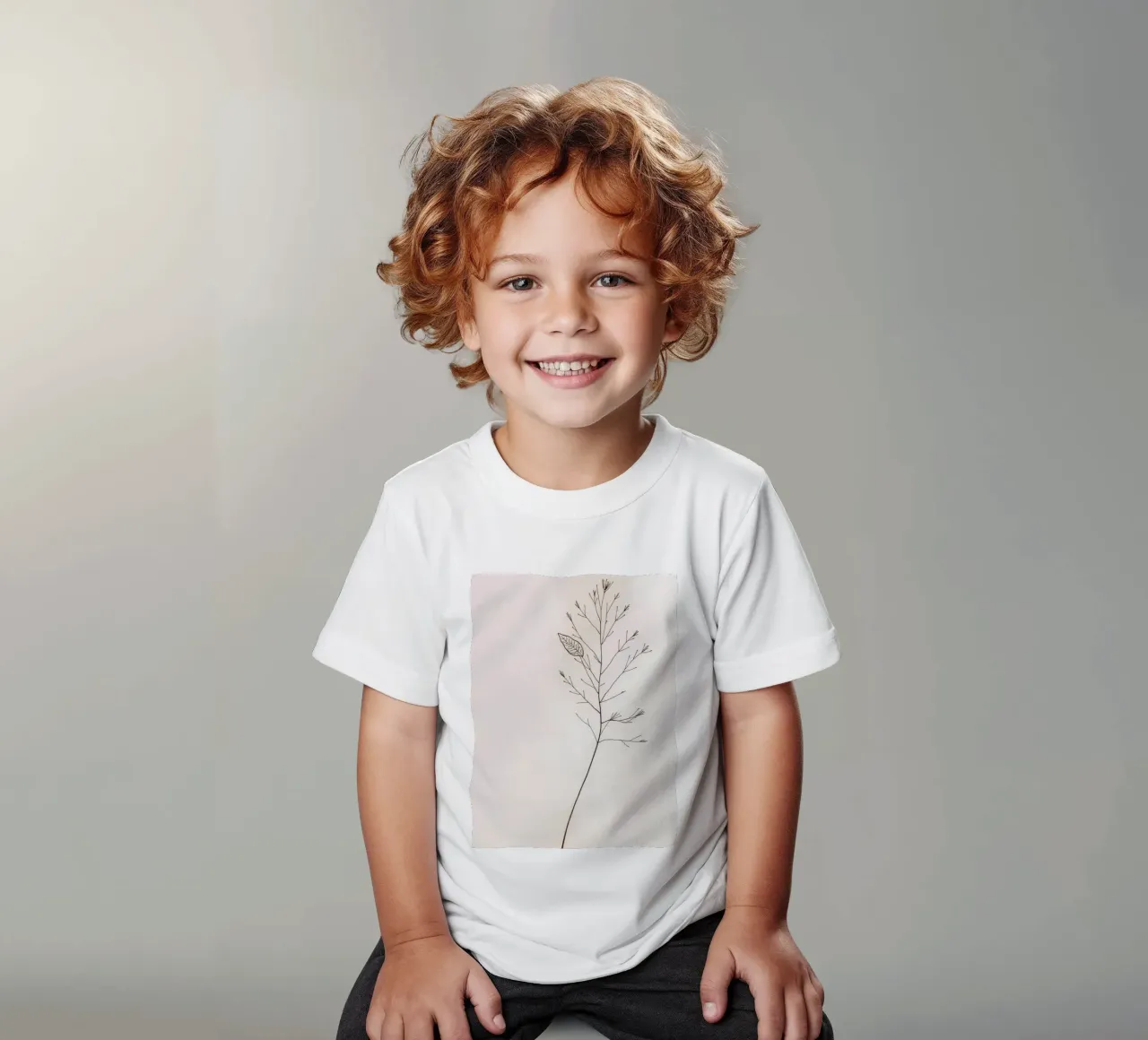 Single minimal botanical branch, displaying a leaf kids t-shirt by DesignDoodle