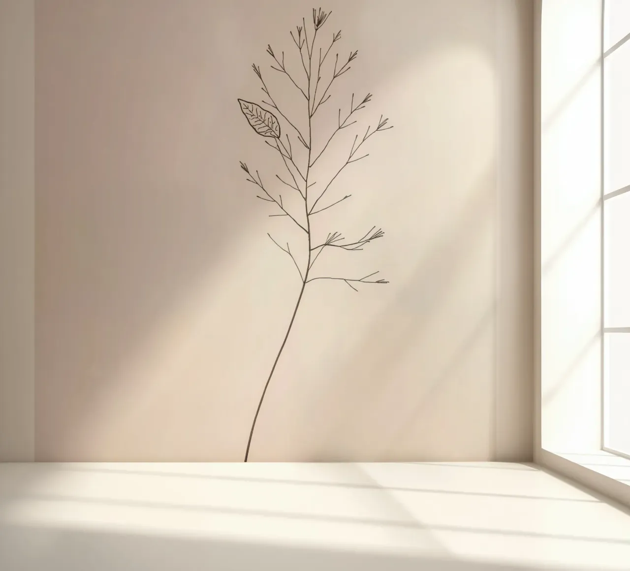 Single minimal botanical branch, displaying a leaf photo wallpaper by DesignDoodle