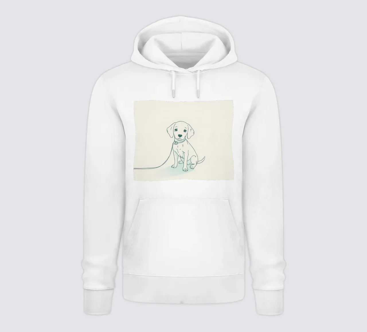 Un piccolo cucciolo aspetta al guinzaglio, seduto, con l'aria un po' triste felpa con cappuccio da DesignDoodle