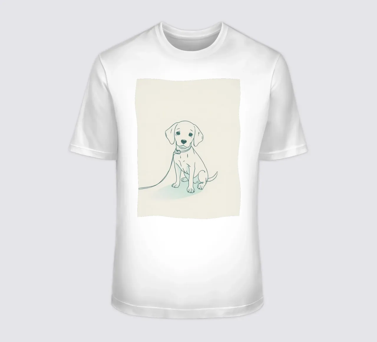 Un piccolo cucciolo aspetta al guinzaglio, seduto, con l'aria un po' triste t-shirt da DesignDoodle
