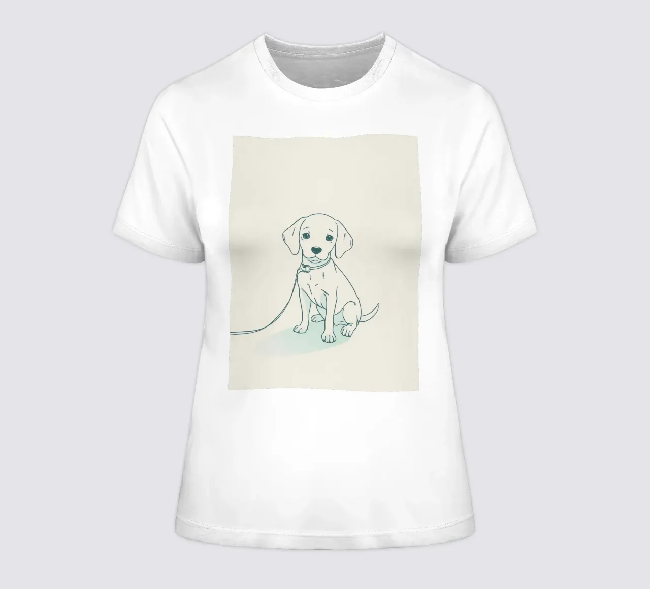 Un piccolo cucciolo aspetta al guinzaglio, seduto, con l'aria un po' triste t-shirt da donna da DesignDoodle