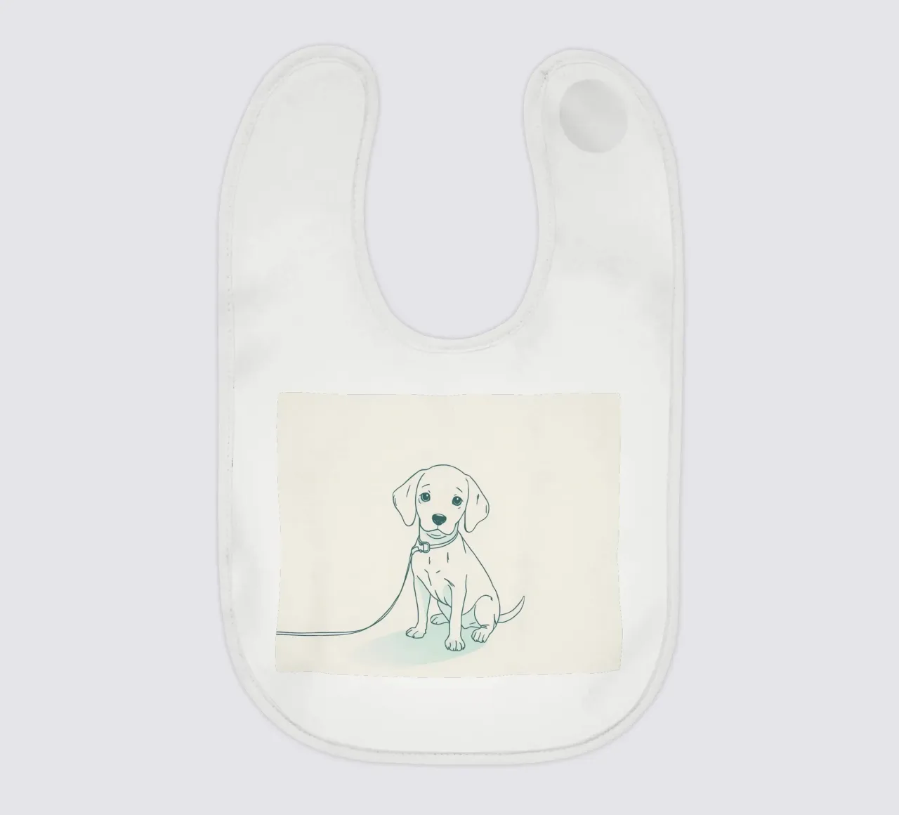 Un piccolo cucciolo aspetta al guinzaglio, seduto, con l'aria un po' triste bavaglino da DesignDoodle