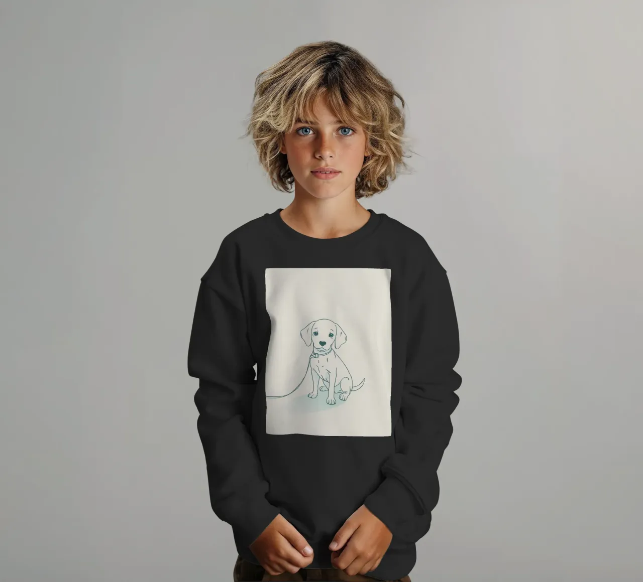 Un piccolo cucciolo aspetta al guinzaglio, seduto, con l'aria un po' triste felpa bambino da DesignDoodle