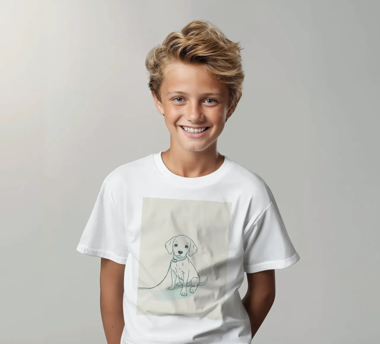Un piccolo cucciolo aspetta al guinzaglio, seduto, con l'aria un po' triste t-shirt bambini da DesignDoodle