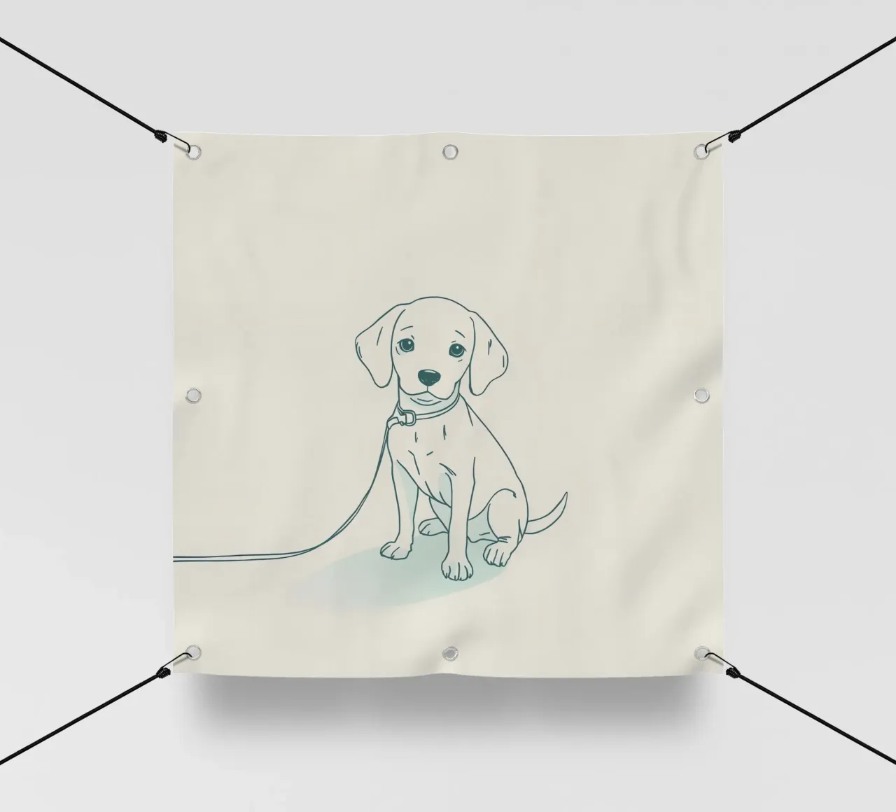 Un piccolo cucciolo aspetta al guinzaglio, seduto, con l'aria un po' triste telo in pvc da DesignDoodle